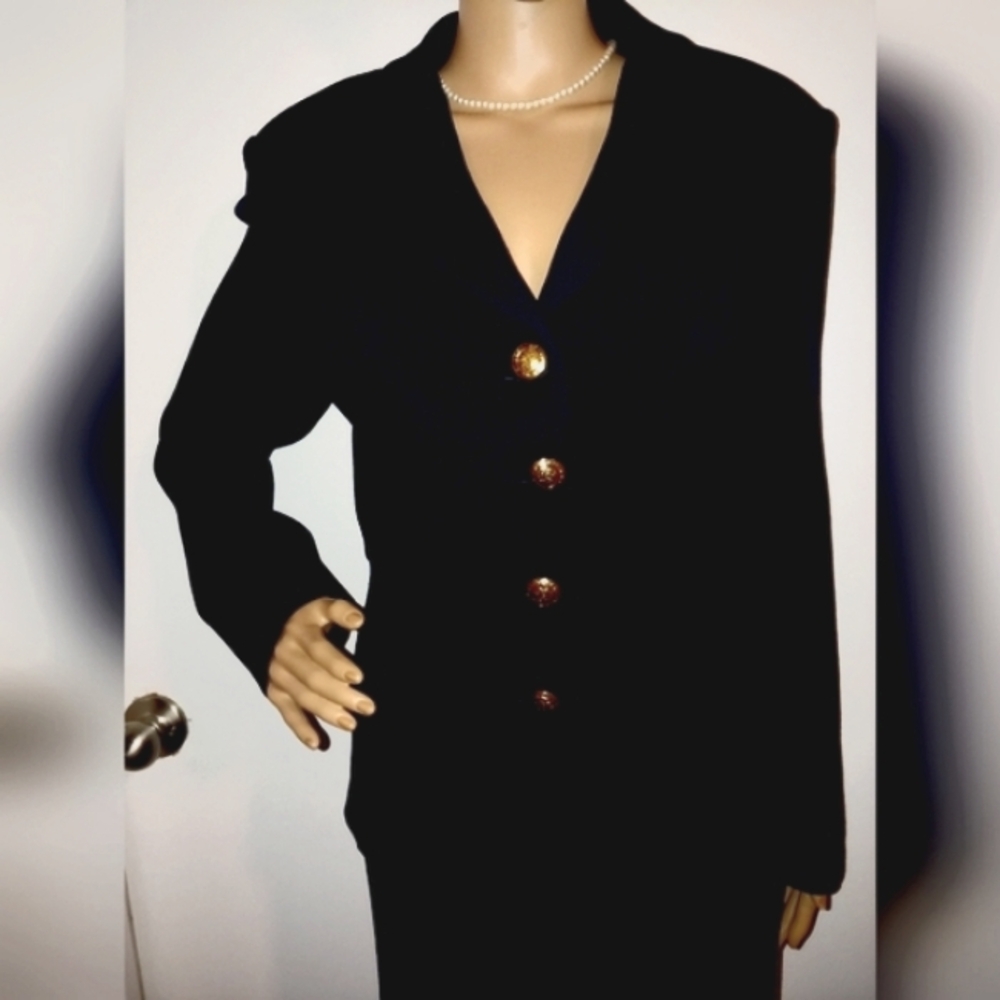 TIMELESS ST JOHN 6 BLACK SANTANA KNIT LOGO COVER BUTTON COLLAR LAPEL SKIRT SUIT - Picture 2 of 7